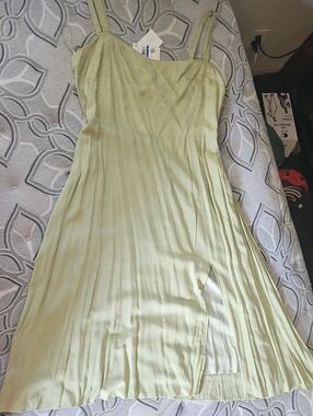 Macy's Olive Green Pleated Slip Midi Dress with Double Straps